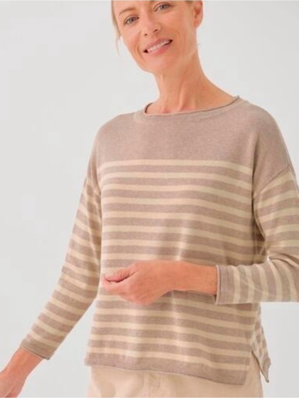 Pact Organic Cotton Striped Knit Sweater Neutral Beige Cream Size M